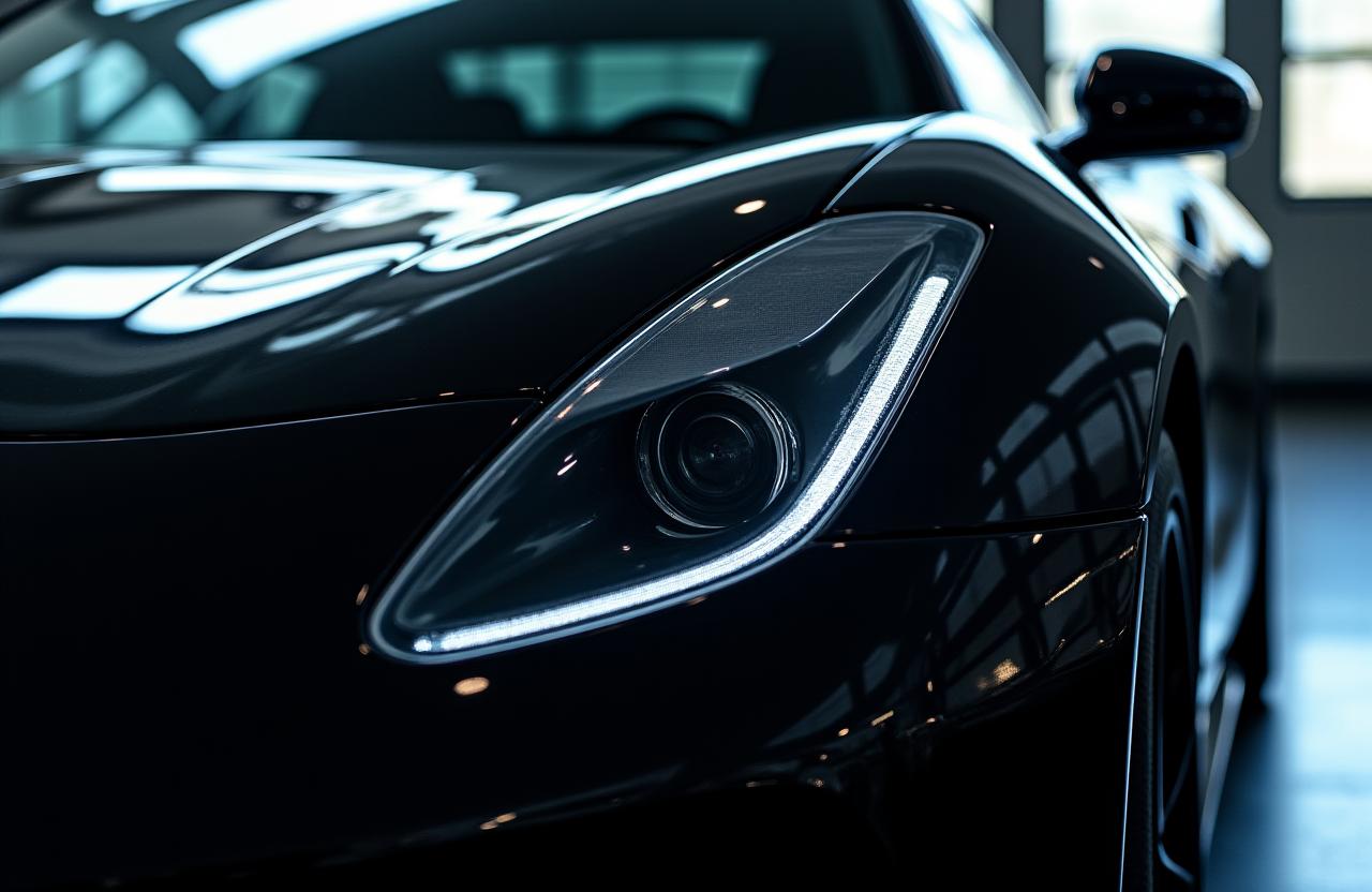 세라믹 코팅된 검은색 스포츠카의 광택 디테일